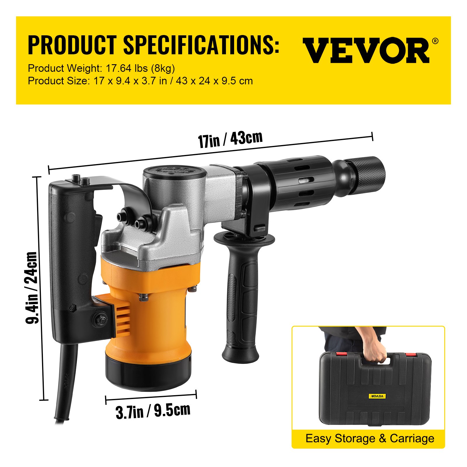 VEVOR Demolition Hammer, 0.67" 9.5 Amp Corded Concrete Breaker Accepts SDS-Plus Bits, 1050W Jack Hammer w/Flat and Point Chisel Bits & Case, 6.5 Joule Concrete Jack for Breaking tough Ground & Wall
