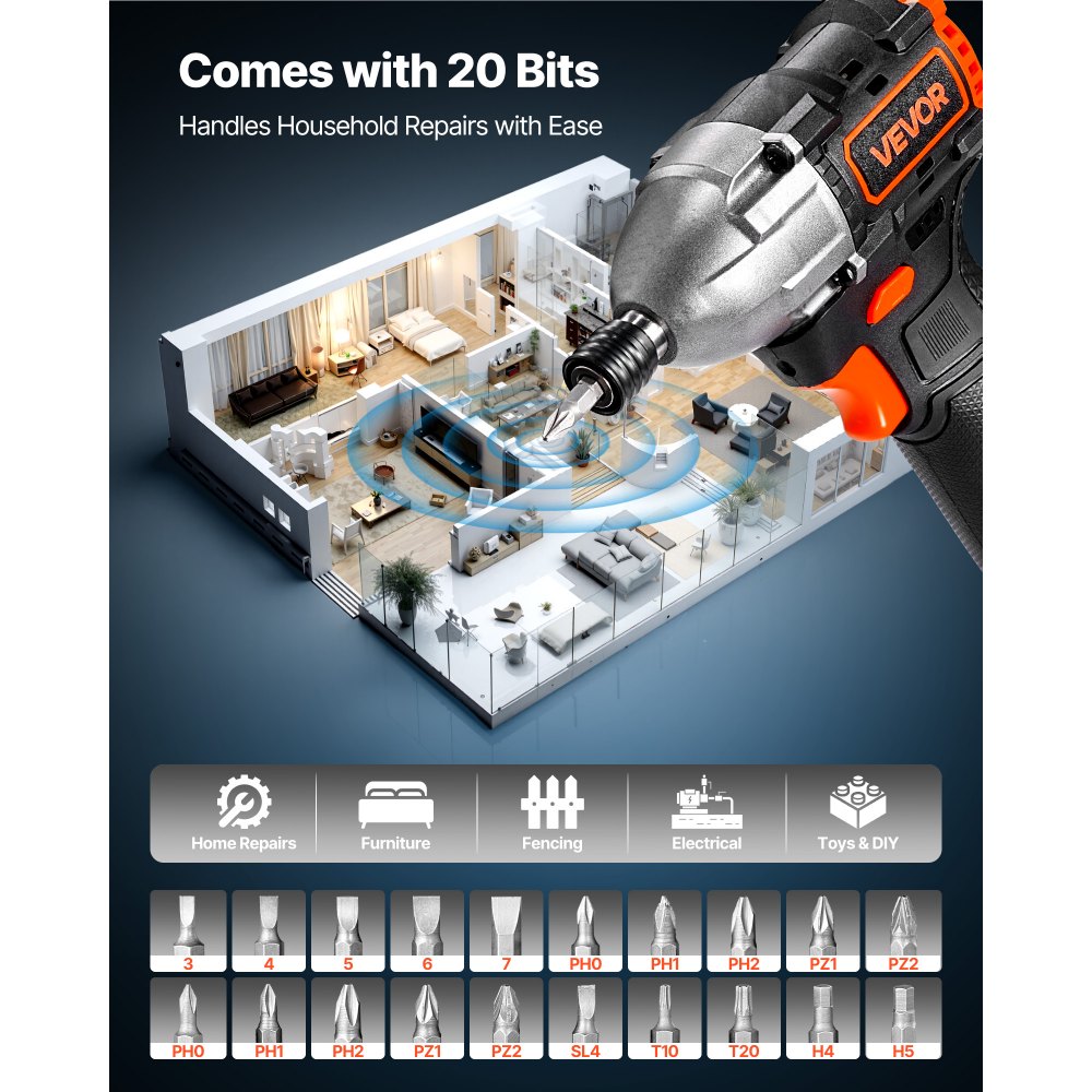 VEVOR Impact Driver, 1/4 Inch, 3000 RPM Max Speed, 12 V Brushless Motor, Electric Cordless Impact Driver Kit with Battery and Charger, 20 Bits, LED Work Light, for Furniture, Electrical, Home Repairs
