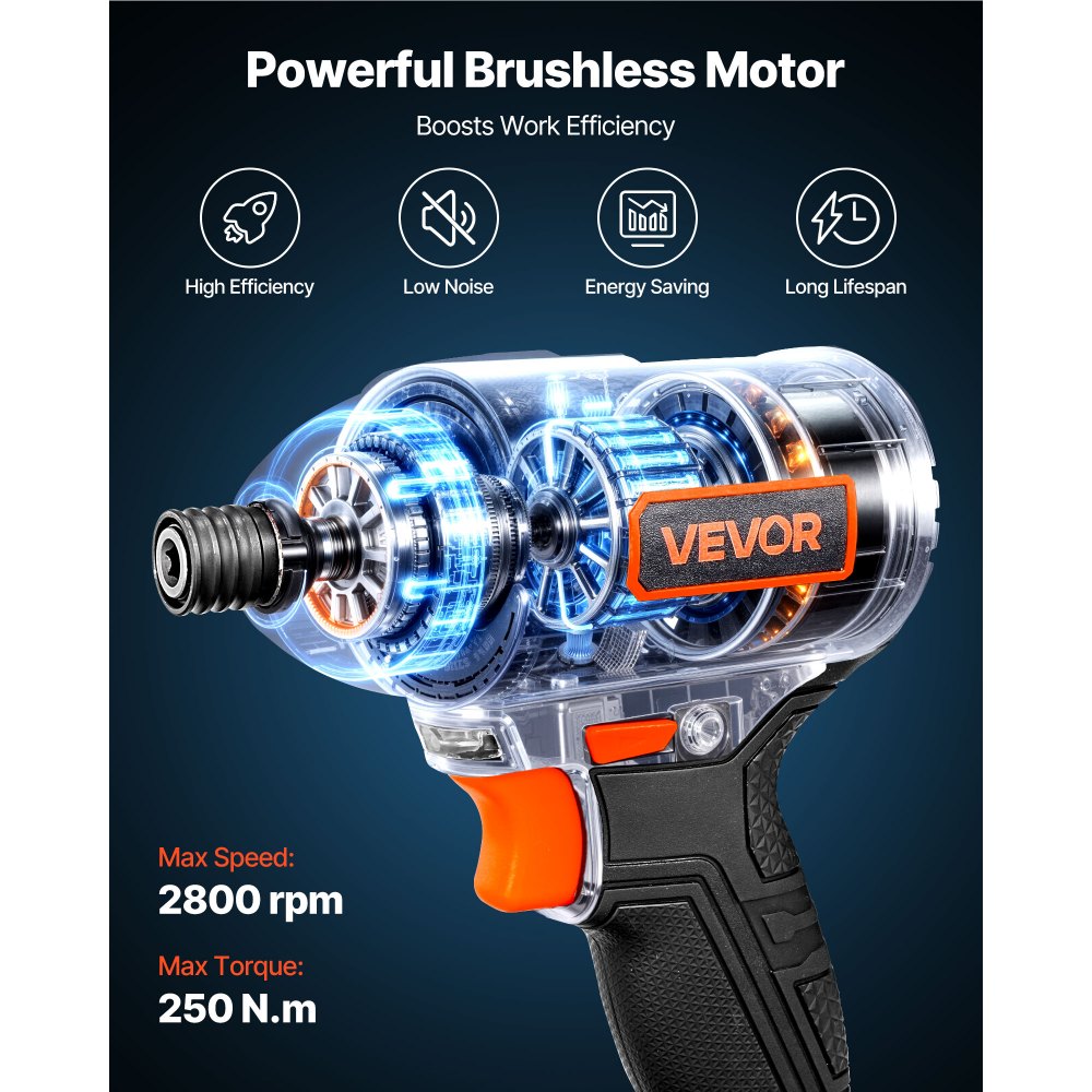 VEVOR Impact Driver, 1/4 Inch, 2800 RPM Max Speed, 20 V Brushless Motor, Electric Cordless Impact Driver Kit with Battery and Charger, 20 Bits, LED Work Light, for Furniture, Electrical, Home Repairs