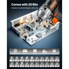 VEVOR Impact Driver, 1/4 Inch, 2800 RPM Max Speed, 20 V Brushless Motor, Electric Cordless Impact Driver Kit with Battery and Charger, 20 Bits, LED Work Light, for Furniture, Electrical, Home Repairs