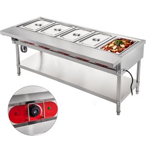 VEVOR Commercial Electric Food Warmer 5 Pot Steam Table Food Warmer 18 Quart/Pan with Lids with 7 Inch Cutting Board Food Grade Stainless Steel Steam Table Serving Counter 220V 3750W for Restaurant | VEVOR US