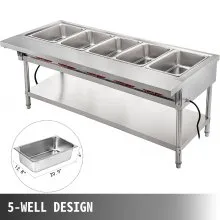 VEVOR Calentador de alimentos eléctrico comercial 5 ollas mesa de vapor calentador de alimentos 18 cuartos/sartén con tapas con tabla de cortar de 7 pulgadas mesa de vapor de acero inoxidable de grado alimenticio mostrador de servir 220 V 3750 W para restaurante