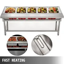 VEVOR Calentador de alimentos eléctrico comercial 5 ollas mesa de vapor calentador de alimentos 18 cuartos/sartén con tapas con tabla de cortar de 7 pulgadas mesa de vapor de acero inoxidable de grado alimenticio mostrador de servir 220 V 3750 W para restaurante