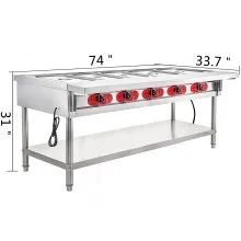 VEVOR Calentador de alimentos eléctrico comercial 5 ollas mesa de vapor calentador de alimentos 18 cuartos/sartén con tapas con tabla de cortar de 7 pulgadas mesa de vapor de acero inoxidable de grado alimenticio mostrador de servir 220 V 3750 W para restaurante