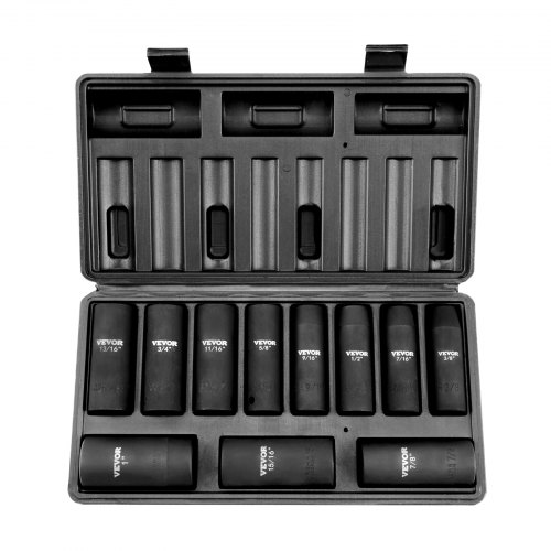 VEVOR 1/2" Drive Impact Socket Set, 11 Piece Deep Socket Set SAE 3/8"-1", 6 Point CR-V Alloy Steel for Auto Repair, Easy-to-Read Size Markings, Rugged Construction, Includes Storage Case