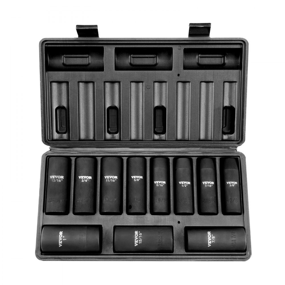 VEVOR 1/2" Drive Impact Socket Set, 11 Piece Deep Socket Set SAE 3/8"-1", 6 Point CR-V Alloy Steel for Auto Repair, Easy-to-Read Size Markings, Rugged Construction, Includes Storage Case