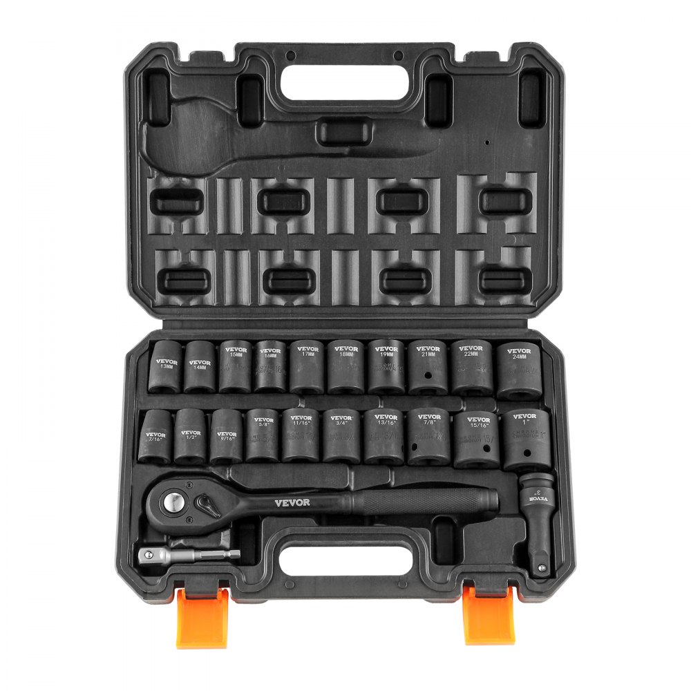 VEVOR impact socket set in robust carry case with various sockets and ratchet tool.