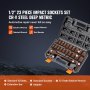 VEVOR 1/2" Drive Impact Socket Sæt, 23 stykker Socket Sæt SAE （7/16" -1"） & metrisk （13-24mm）6 Point Cr-V legeret stål til autoreparation med skraldehåndtag Robust konstruktionsopbevaringskasse