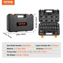 VEVOR 1/2" Drive Impact Socket Set, 23 Piece Socket Set SAE （7/16" -1"）& Metric 6 Point Cr-V Alloy Steel for Auto Repair with Ratchet Handle Rugged Construction Storage Case