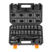 VEVOR Impact Socket Set with 1/2" Drive, Comprising 23 Pieces in SAE (7/16" -1") & Metric Measurements, 6 Point Cr-V Alloy Steel, Ideal for Car Maintenance, Includes Ratchet Handle and Durable Storage Case