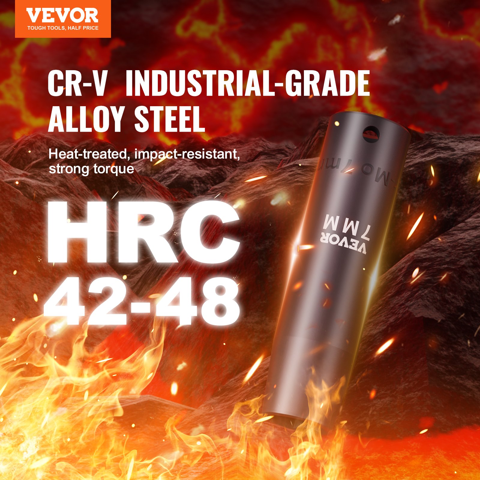 VEVOR impact socket set made of industrial-grade alloy steel with hrc 42-48 for heat resistance and strong torque.