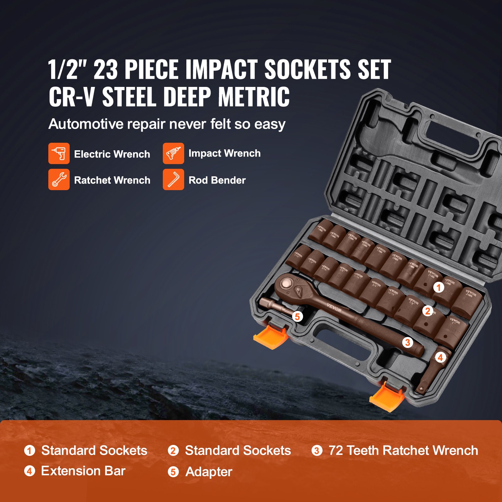 VEVOR impact socket set in a hard case with labels: standard sockets, 72 teeth ratchet wrench, adapter.