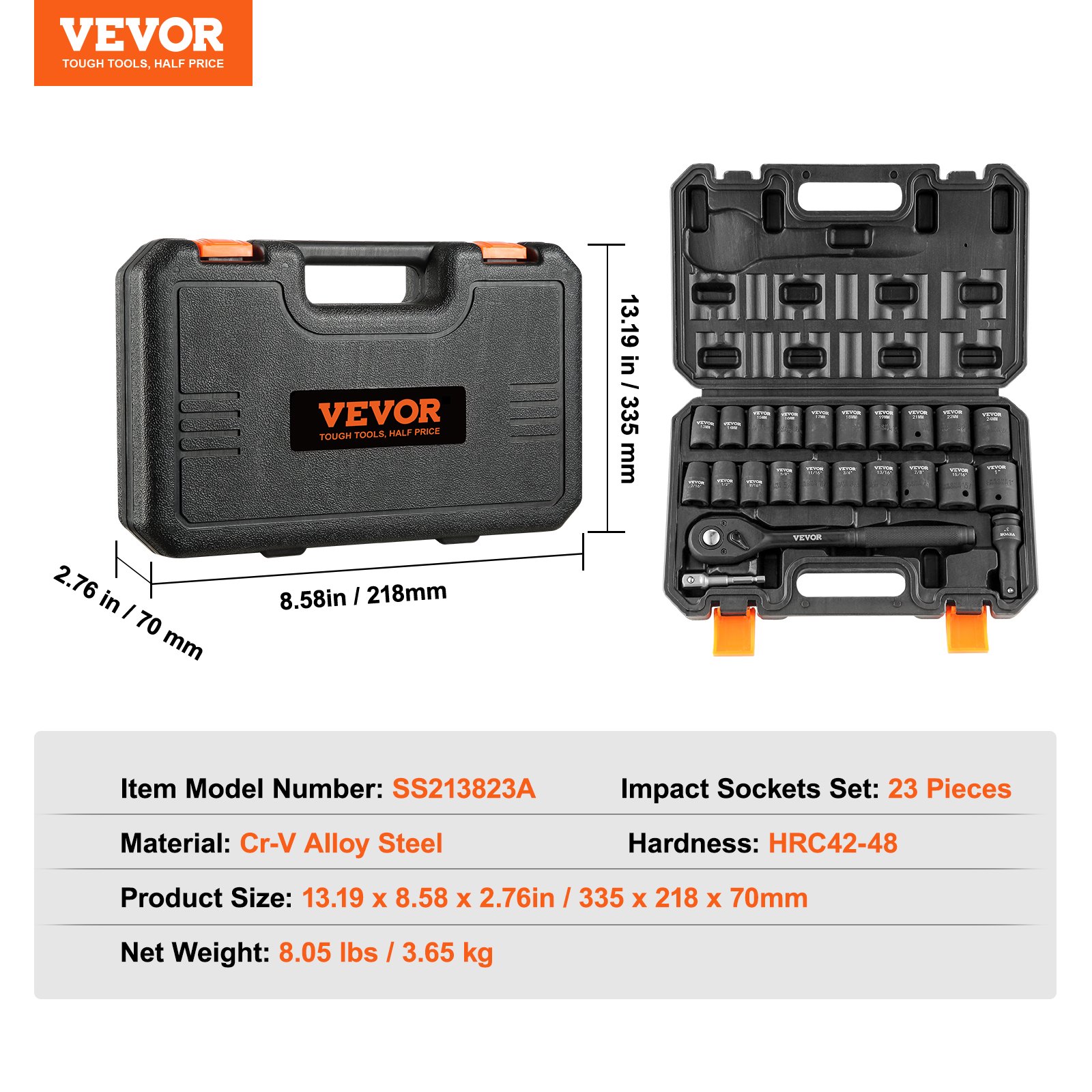 VEVOR impact socket set, 23 pieces in cr-v alloy steel, hard case dimensions, weight, and product details displayed.