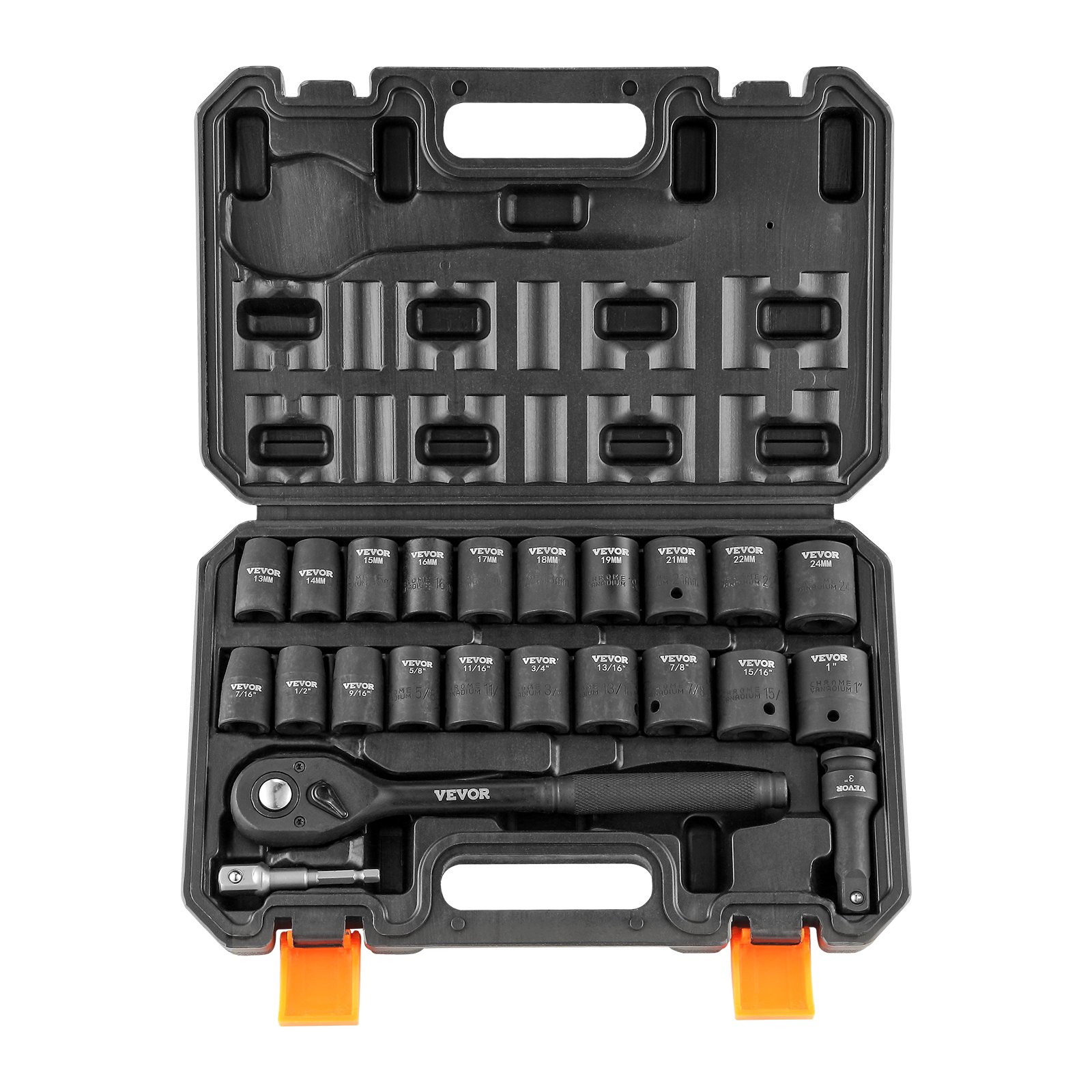 VEVOR impact socket set in a plastic case with multiple socket sizes and a ratchet wrench.
