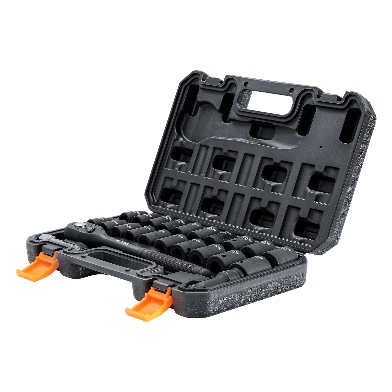 VEVOR impact socket set in black case with orange latches and multiple socket pieces.