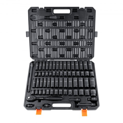 VEVOR 1/2" Drive Impact Socket Set, 65 Piece Socket Set SAE 3/8" to 1-1/4" and Metric 10-24mm, 6 Point Cr-V Alloy Steel for Auto Repair, Rugged Construction, Easy-to-Read Size Markings, Storage Case