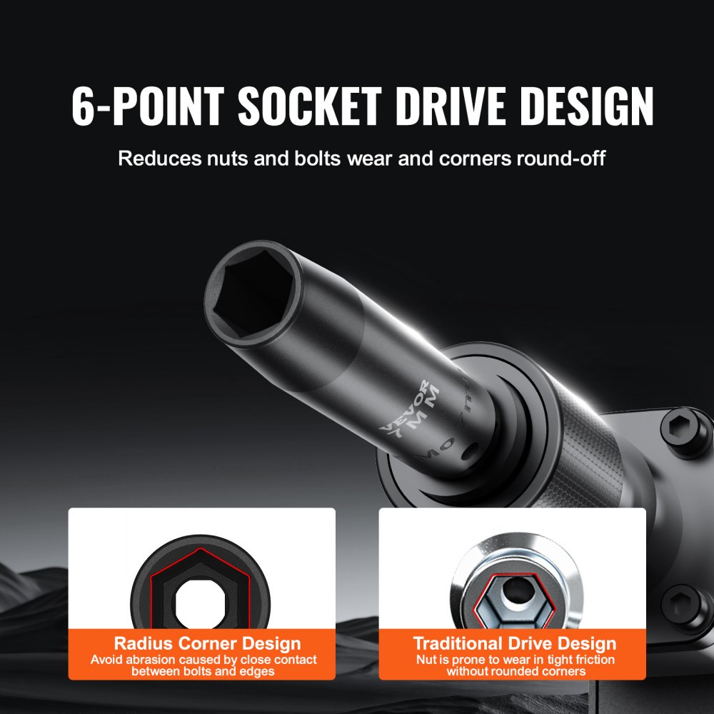 6-point socket drive design reduces nuts and bolts wear and corners round-off with VEVOR impact socket set.