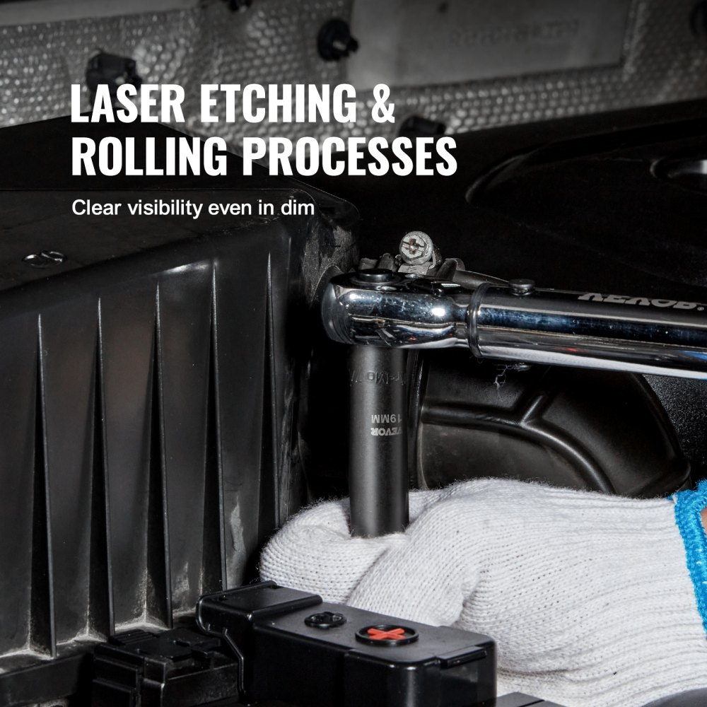 mechanic using VEVOR impact socket set on engine with laser etching for clear visibility.