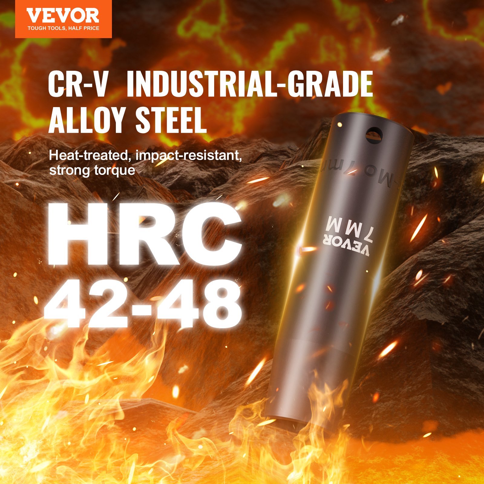 VEVOR impact socket set, industrial-grade alloy steel, hrc 42-48, heat-treated and impact-resistant.