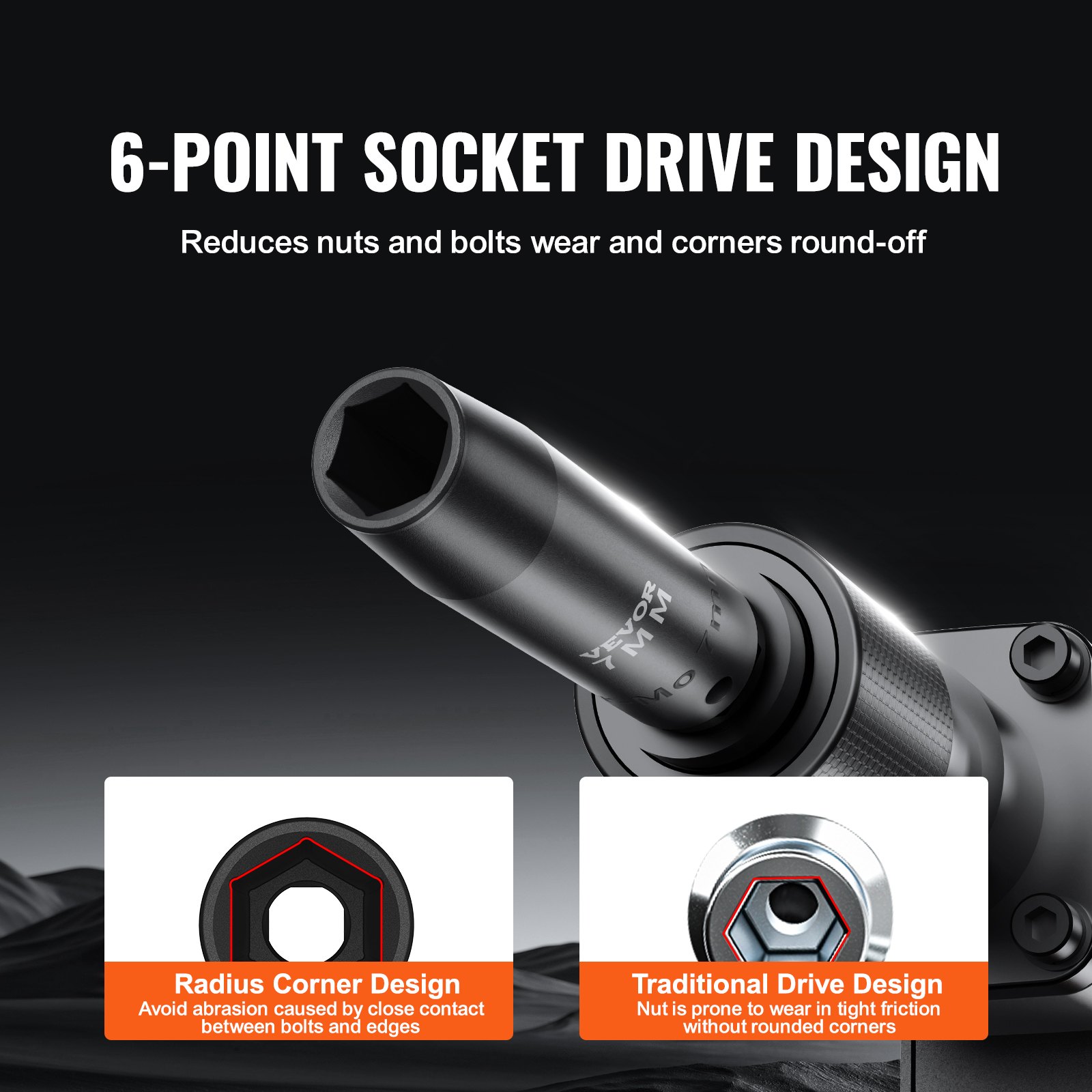 6-point socket drive design reduces nuts and bolts wear and corners round-off with VEVOR impact socket set.