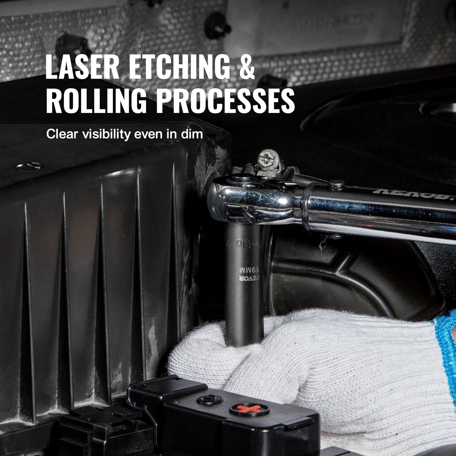 mechanic using VEVOR impact socket set on engine with laser etching for clear visibility.