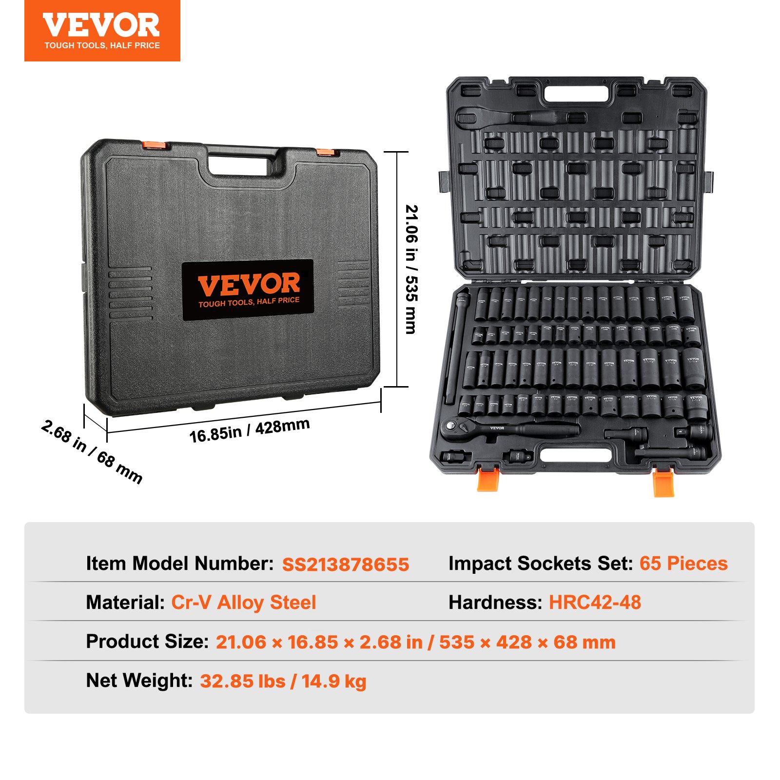 VEVOR impact socket set, 65-piece cr-v alloy steel in black case with dimensions and weight shown.
