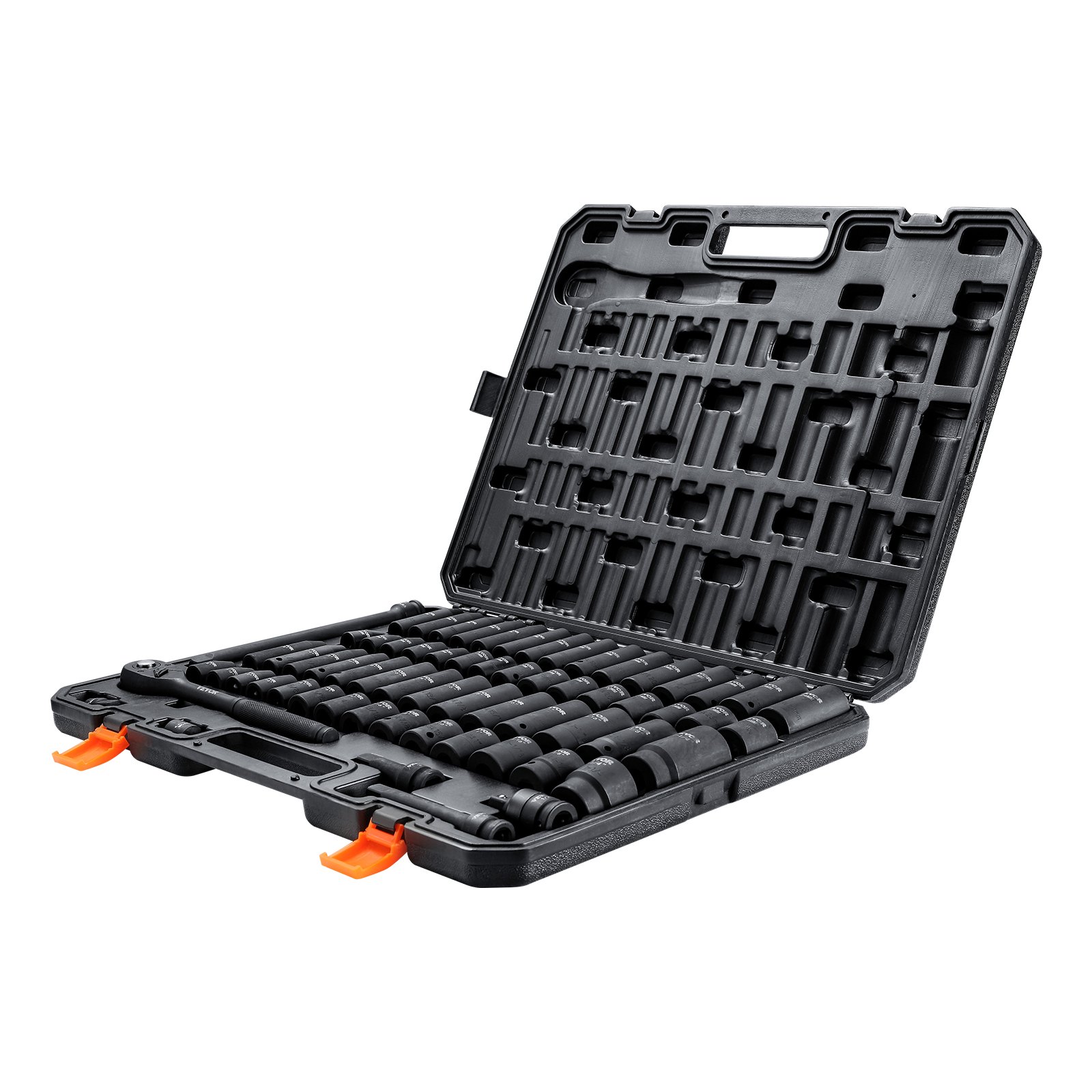 VEVOR impact socket set in black case with orange latches, showcasing organized socket layout.