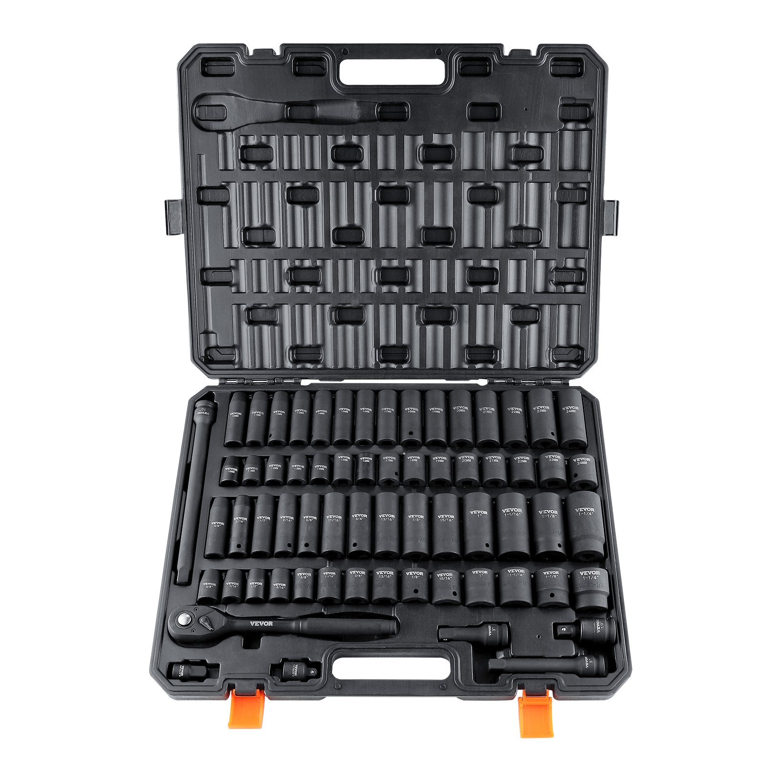 VEVOR impact socket set in black carrying case with various socket sizes and tools neatly organized.