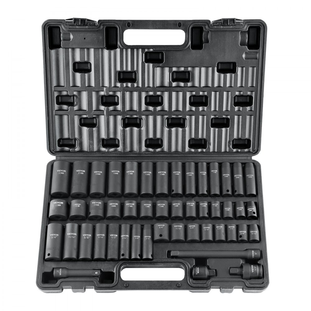 VEVOR 3/8" Drive Impact Socket Set, 48 Piece Socket Set SAE 5/16" -3/4" and Metric 8-22mm, 6 Point Cr-V Alloy Steel for Auto Repair, Easy-to-Read Markings, Rugged Construction, Includes Storage Case
