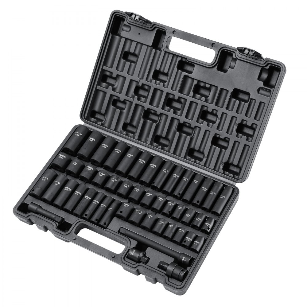 VEVOR 3/8" Drive Impact Socket Set, 48 Piece Socket Set SAE （5/16" -3/4"） & Metric （8-22mm）6 Point Cr-V Drive Extension Bar Universal Joint & Power Drill Adapter Includes Storage Case
