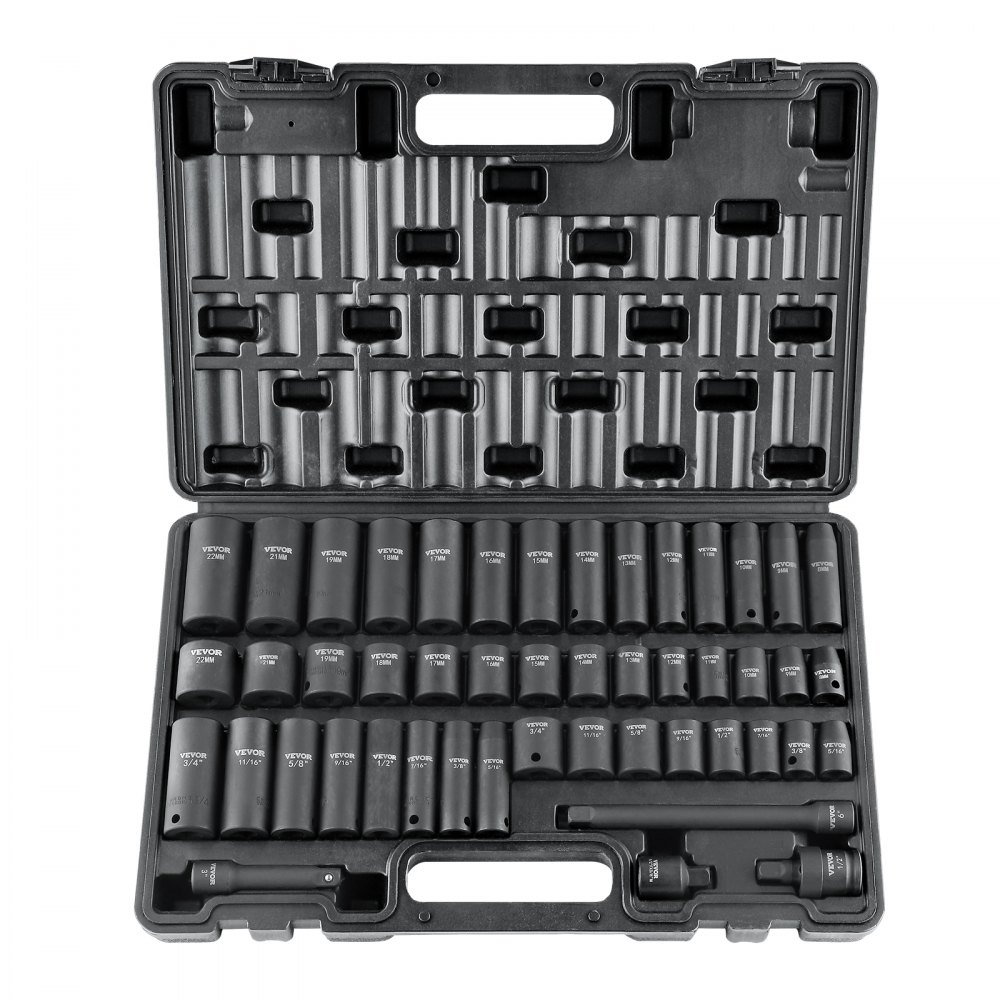 VEVOR 3/8" Drive Impact Socket Set, 48 Piece Socket Set SAE （5/16" -3/4"） & Metric （8-22mm）6 Point Cr-V Drive Extension Bar Universal Joint & Power Drill Adapter Includes Storage Case