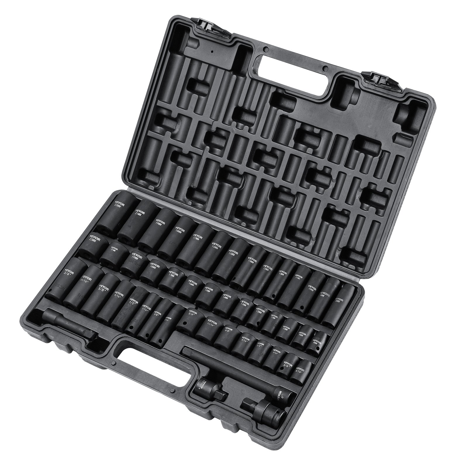 VEVOR 3/8" Drive Impact Socket Set, 48 Piece Socket Set SAE （5/16" -3/4"） & Metric （8-22mm）6 Point Cr-V Drive Extension Bar Universal Joint & Power Drill Adapter Includes Storage Case