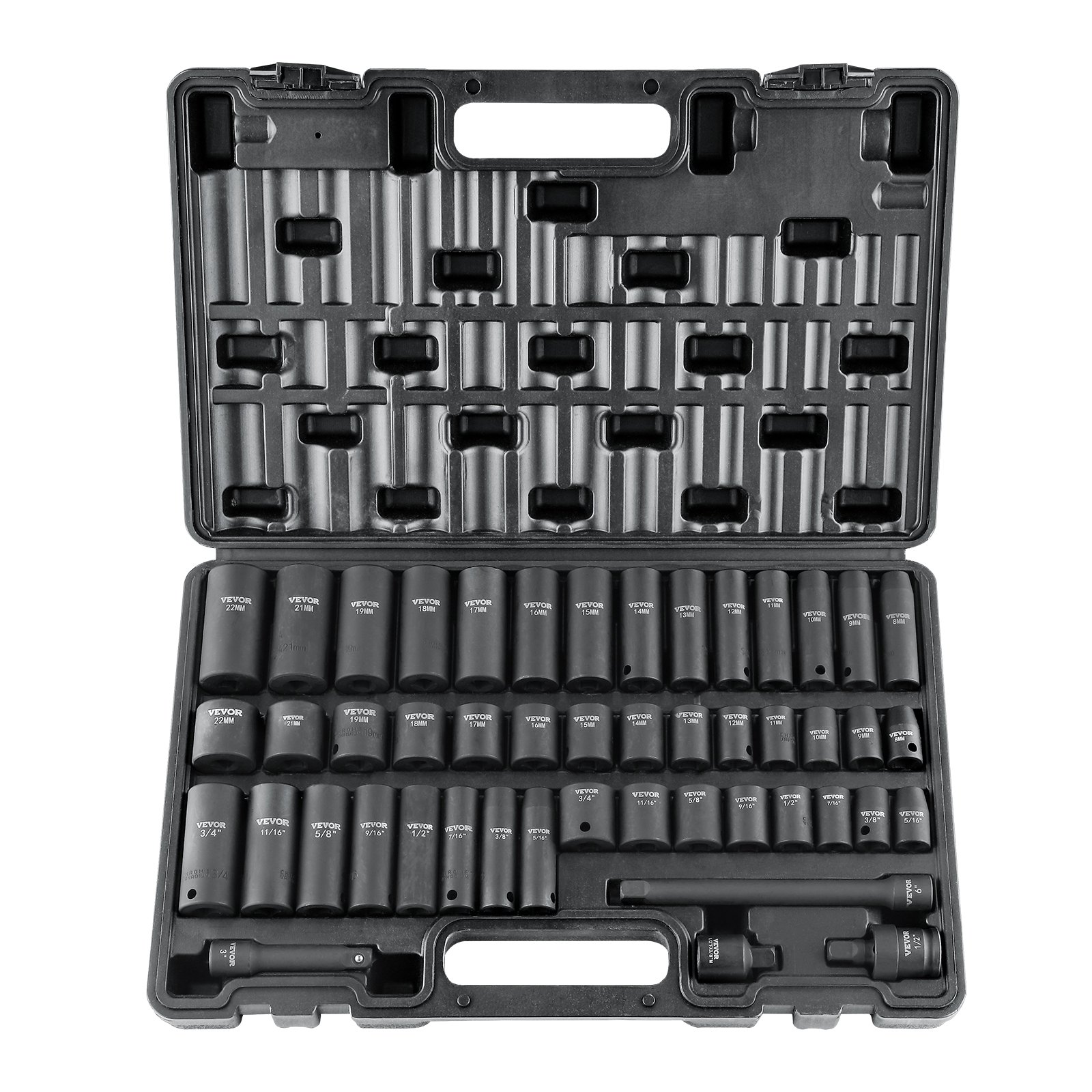 VEVOR 3/8" Drive Impact Socket Set, 48 Piece Socket Set SAE （5/16" -3/4"） & Metric （8-22mm）6 Point Cr-V Drive Extension Bar Universal Joint & Power Drill Adapter Includes Storage Case