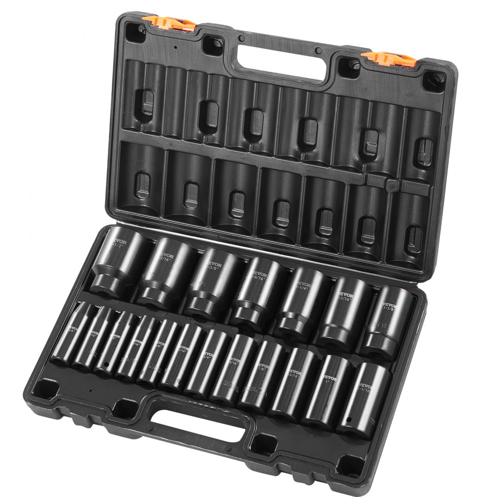 VEVOR impact socket set in blue case with various socket sizes displayed.