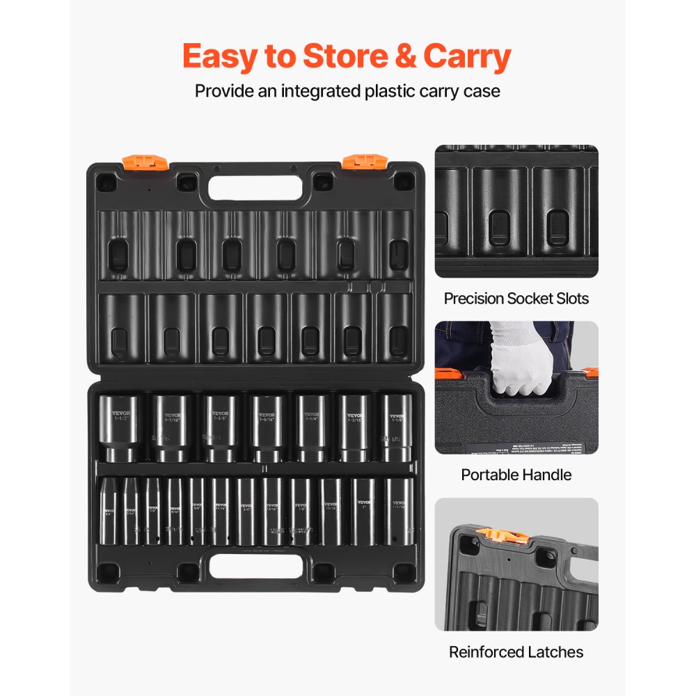 VEVOR Impact Socket Set, 1/2" 19 Piece Impact Sockets, Deep Socket, 6-Point Sockets, 1/2 Inches Drive Socket Set Impact 3/8 inch - 1-1/2 inch, Cr-V Rugged Construction, with a Storage Cage