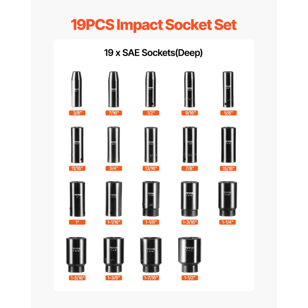 VEVOR Impact Socket Set, 1/2" 19 Piece Impact Sockets, Deep Socket, 6-Point Sockets, 1/2 Inches Drive Socket Set Impact 3/8 inch - 1-1/2 inch, Cr-V Rugged Construction, with a Storage Cage