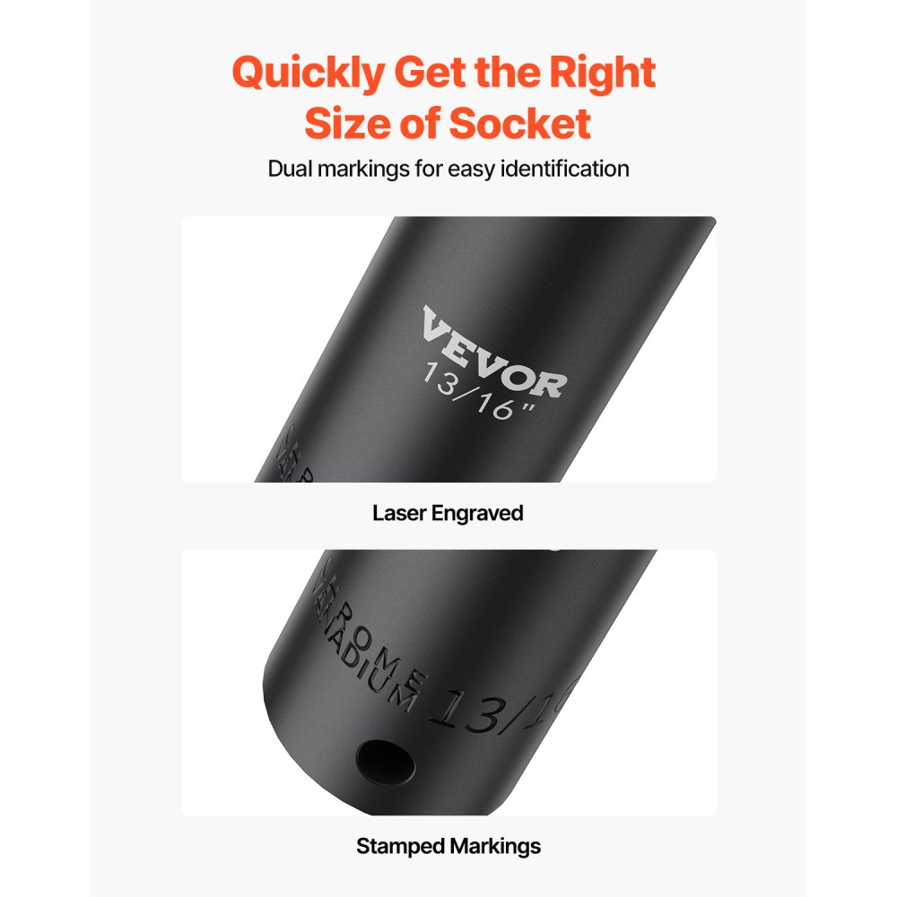 VEVOR Impact Socket Set, 1/2" 19 Piece Impact Sockets, Deep Socket, 6-Point Sockets, 1/2 Inches Drive Socket Set Impact 3/8 inch - 1-1/2 inch, Cr-V Rugged Construction, with a Storage Cage