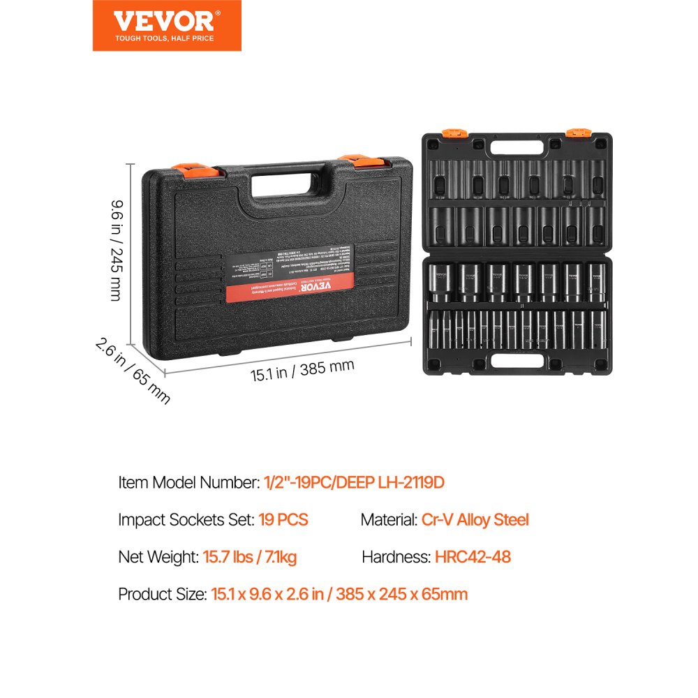 VEVOR Impact Socket Set, 1/2" 19 Piece Impact Sockets, Deep Socket, 6-Point Sockets, 1/2 Inches Drive Socket Set Impact 3/8 inch - 1-1/2 inch, Cr-V Rugged Construction, with a Storage Cage