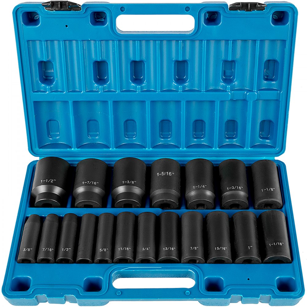 VEVOR Impact Socket Set 1/2 Inches 19 Piece Impact Sockets, Deep Socket, 6-Point Sockets, Rugged Construction, Cr-V, 1/2 Inches Drive Socket Set Impact 3/8 inch - 1-1/2 inch, with a Storage Cage