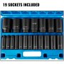 VEVOR Impact Socket Set, 1/2" 19 Piece Impact Sockets, Deep Socket, 6-Point Sockets, 1/2 Inches Drive Socket Set Impact 3/8 inch - 1-1/2 inch, Cr-V Rugged Construction, with a Storage Cage