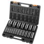 VEVOR impact socket set in blue case with various socket sizes displayed.