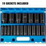 VEVOR impact socket set in a blue case with 19 sockets labeled by size.