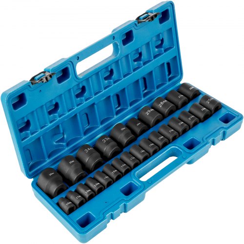 WETT 1/2 Inch Drive Impact Socket Set, 29 Piece Deep SAE & Metric With Extensions | Cr-V Steel, 6 Point, 3/8" To 1", 10-24mm