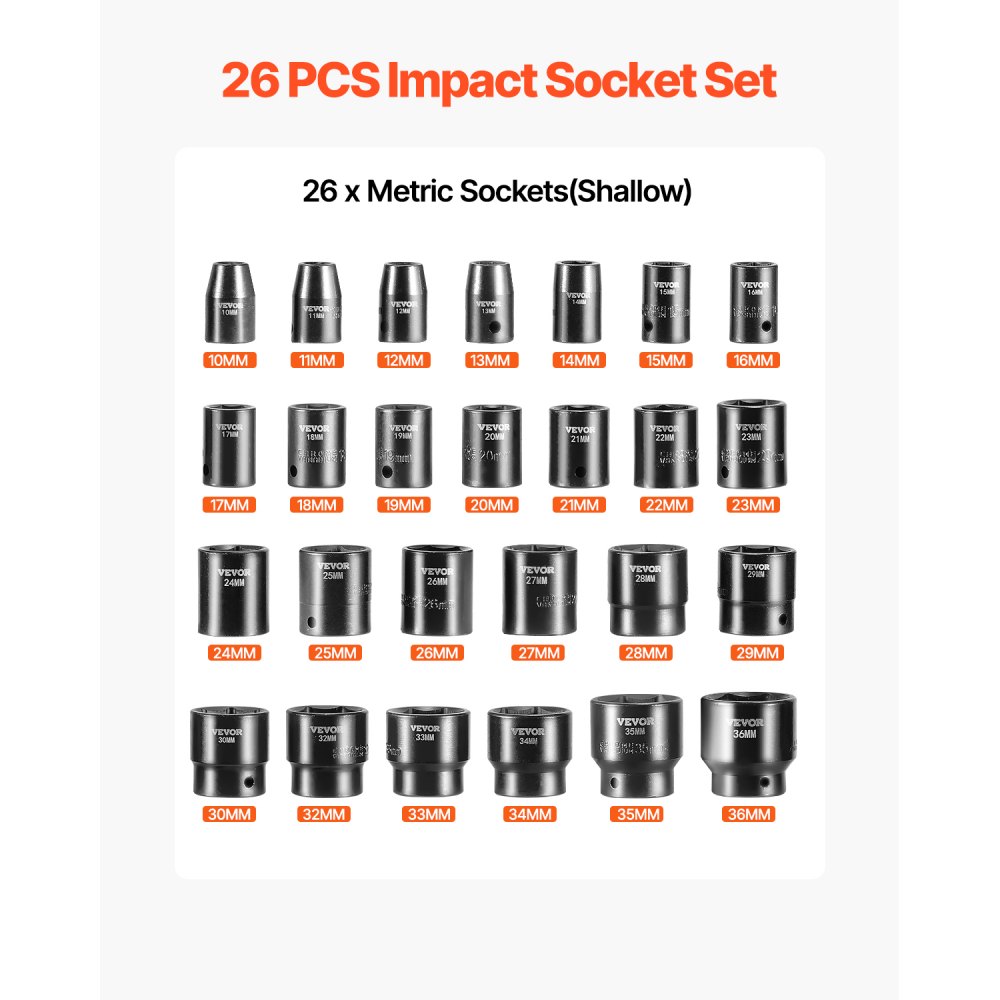 VEVOR Impact Socket Set 1/2 Inches 26 Piece Impact Sockets, Shallow Socket, 6-Point Sockets, Rugged Construction, CR-V, 1/2 Inches Drive Socket Set Impact Metric 10mm - 36mm, with a Storage Cage