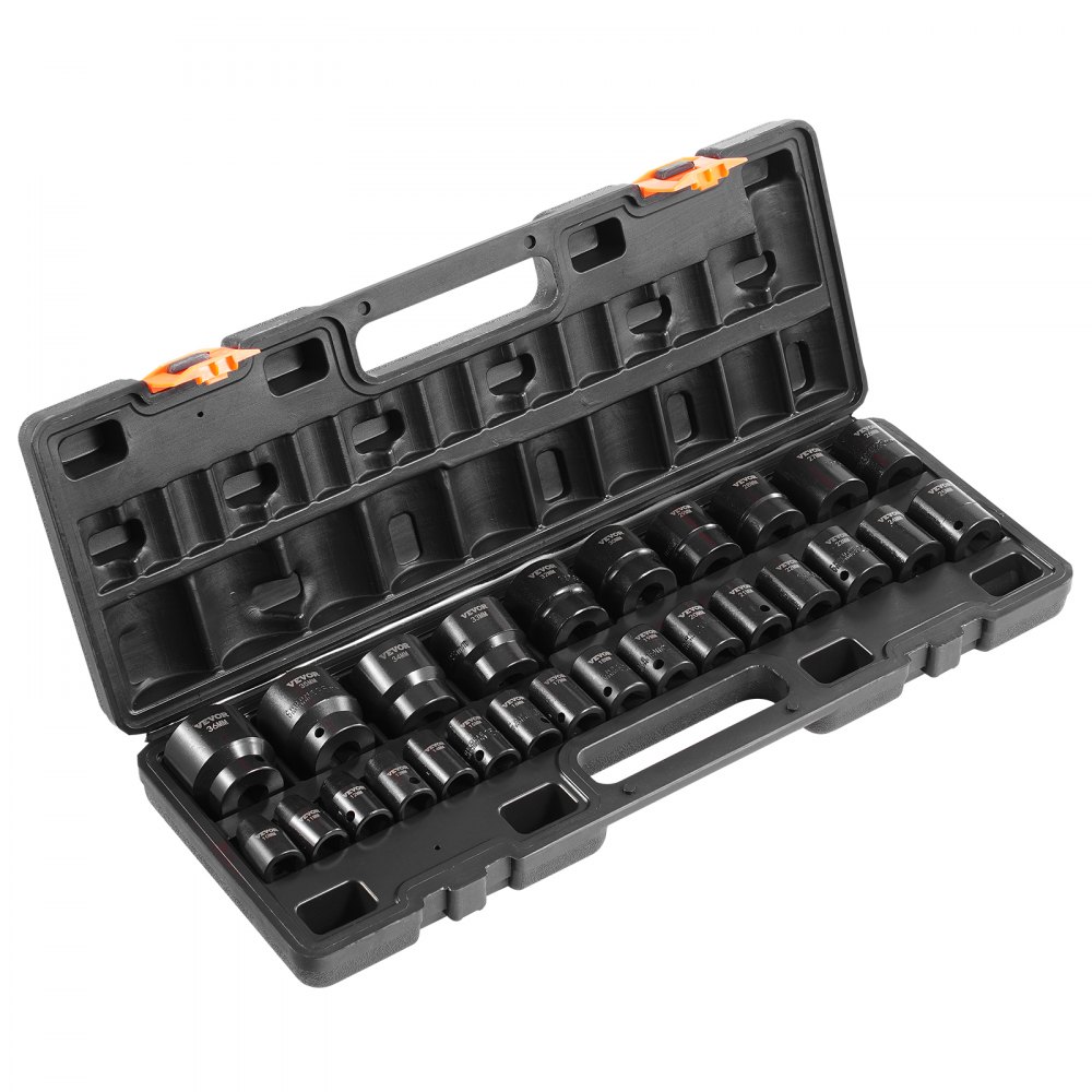 VEVOR Impact Socket Set 1/2 Inches 26 Piece Impact Sockets, Shallow Socket, 6-Point Sockets, Rugged Construction, CR-V, 1/2 Inches Drive Socket Set Impact Metric 10mm - 36mm, with a Storage Cage