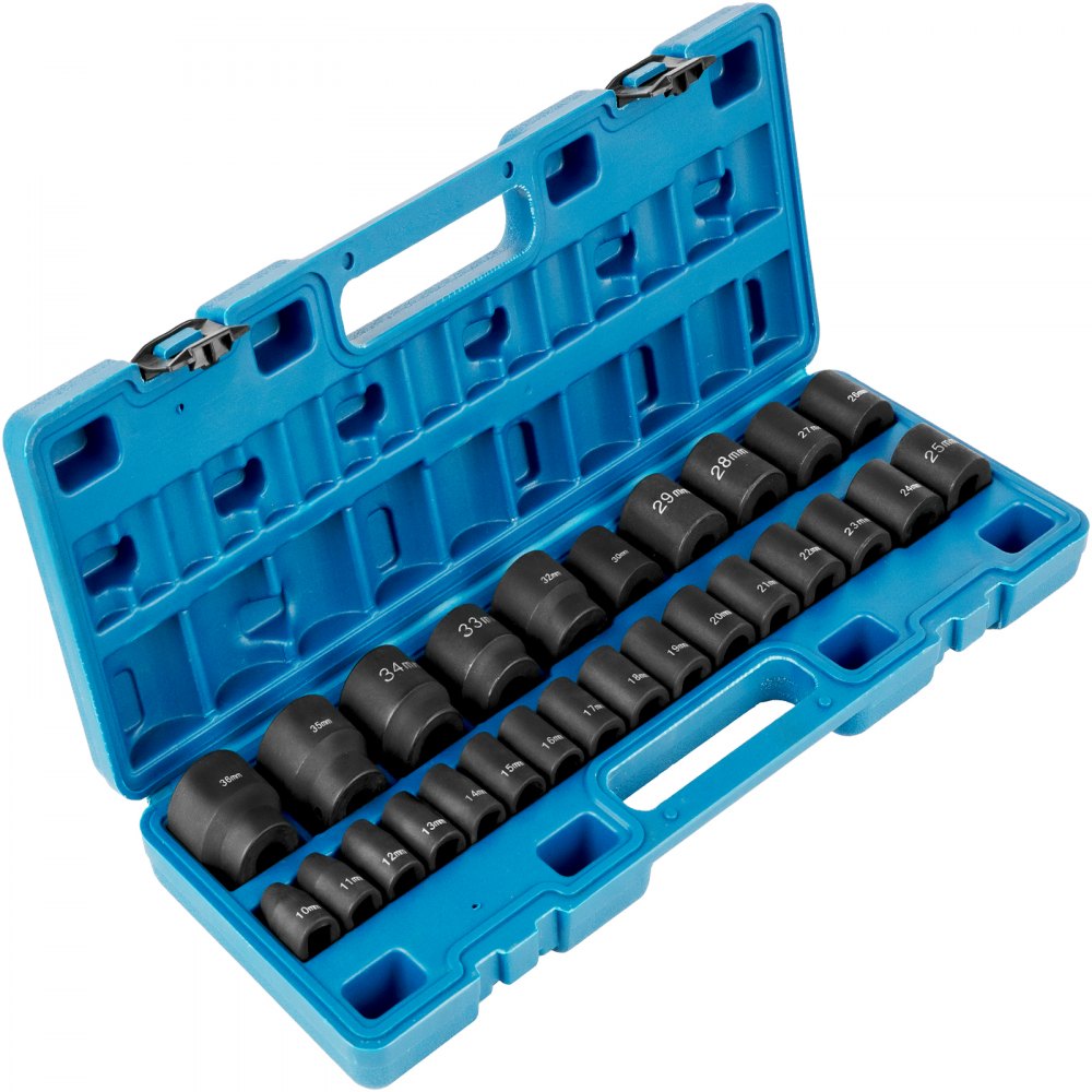 blue case of VEVOR impact socket set containing various socket sizes.