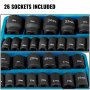 26-piece VEVOR impact socket set with labeled metric sizes in a blue case.