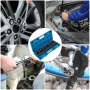 VEVOR impact socket set in use on car tire, engine, and equipment, with blue case.