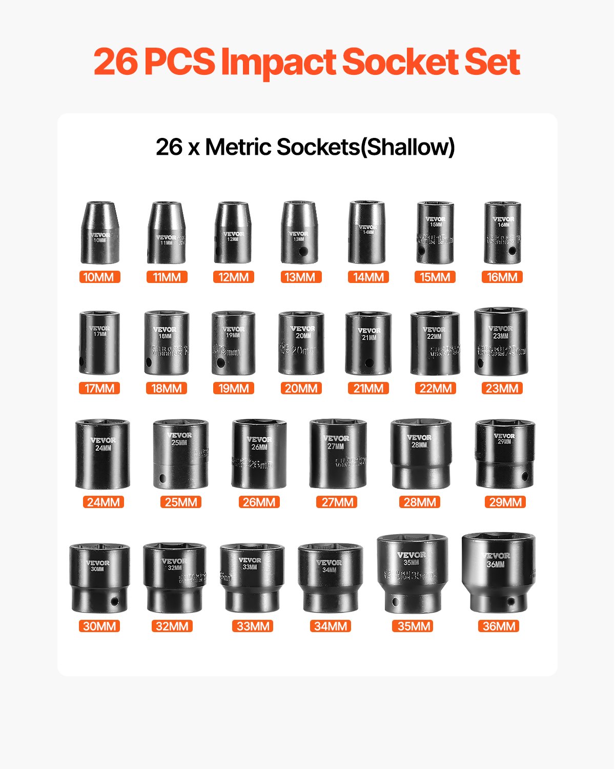 VEVOR Impact Socket Set 1/2 Inches 26 Piece Impact Sockets, Shallow Socket, 6-Point Sockets, Rugged Construction, CR-V, 1/2 Inches Drive Socket Set Impact Metric 10mm - 36mm, with a Storage Cage
