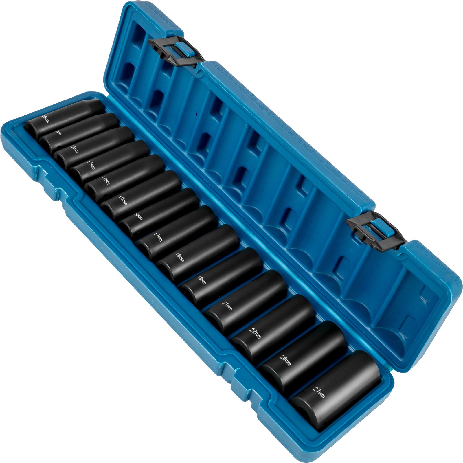 VEVOR Impact Socket Set 1/2 Inch 14 Piece Impact Sockets, Deep Socket, 6-Point Sockets, Rugged Construction, Cr-V, 1/2 Inch Drive Socket Set Impact Metric 10mm - 27mm, with a Storage Cage